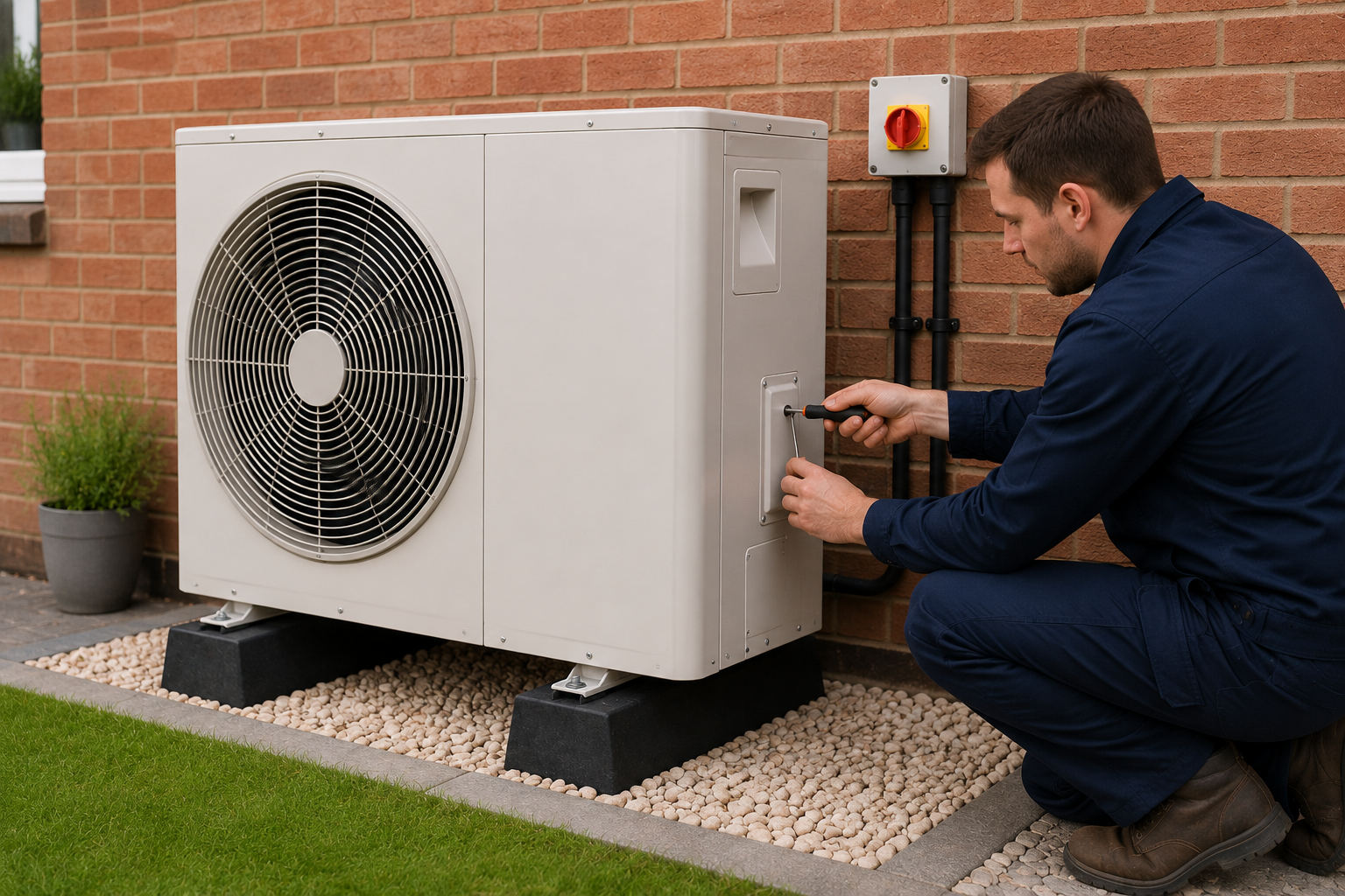 Engineer servicing and maintaining an air source heat pump unit on brick wall
